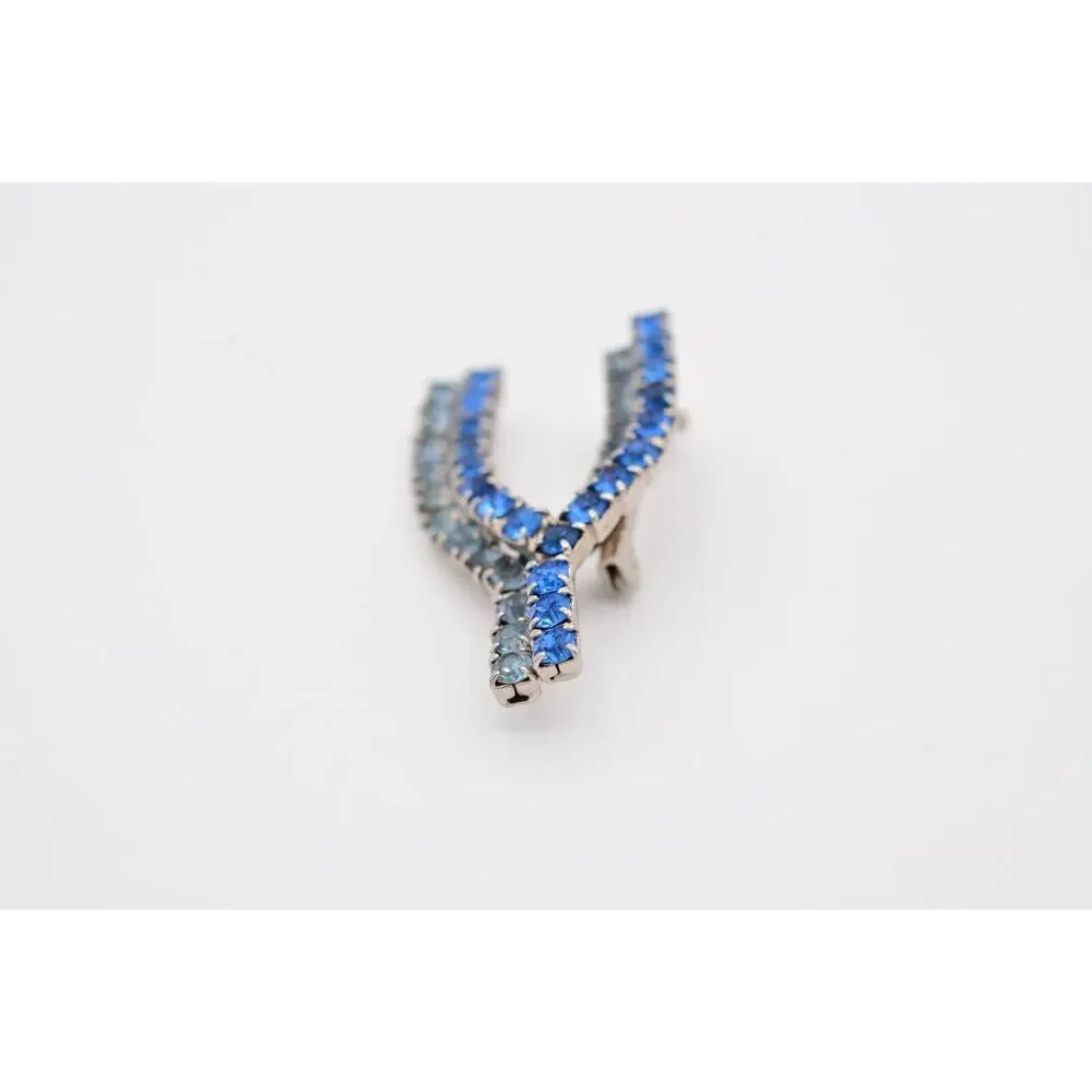 Vintage Wishbone Pin Brooch Blue Rhinestone Crystal Silver Tone Prong 80s BinAT